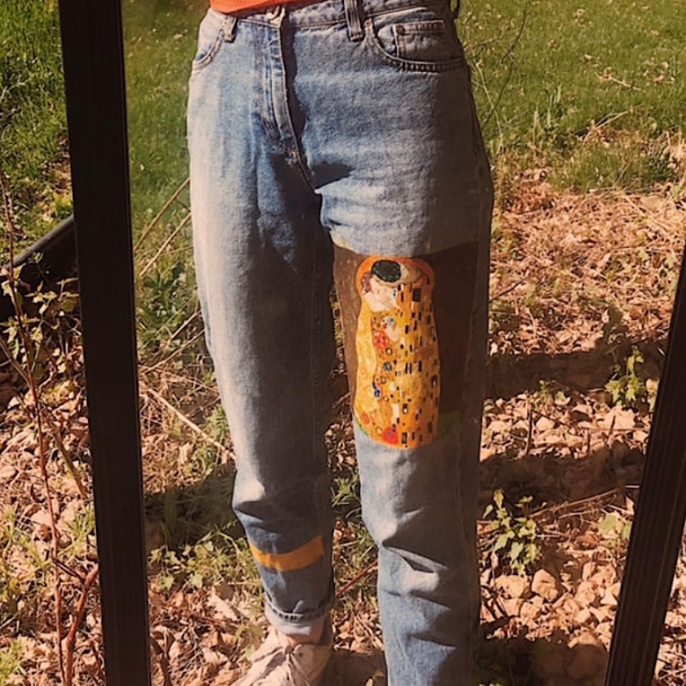 Hand-painted denim jeans Gustav Klimt The Kiss
